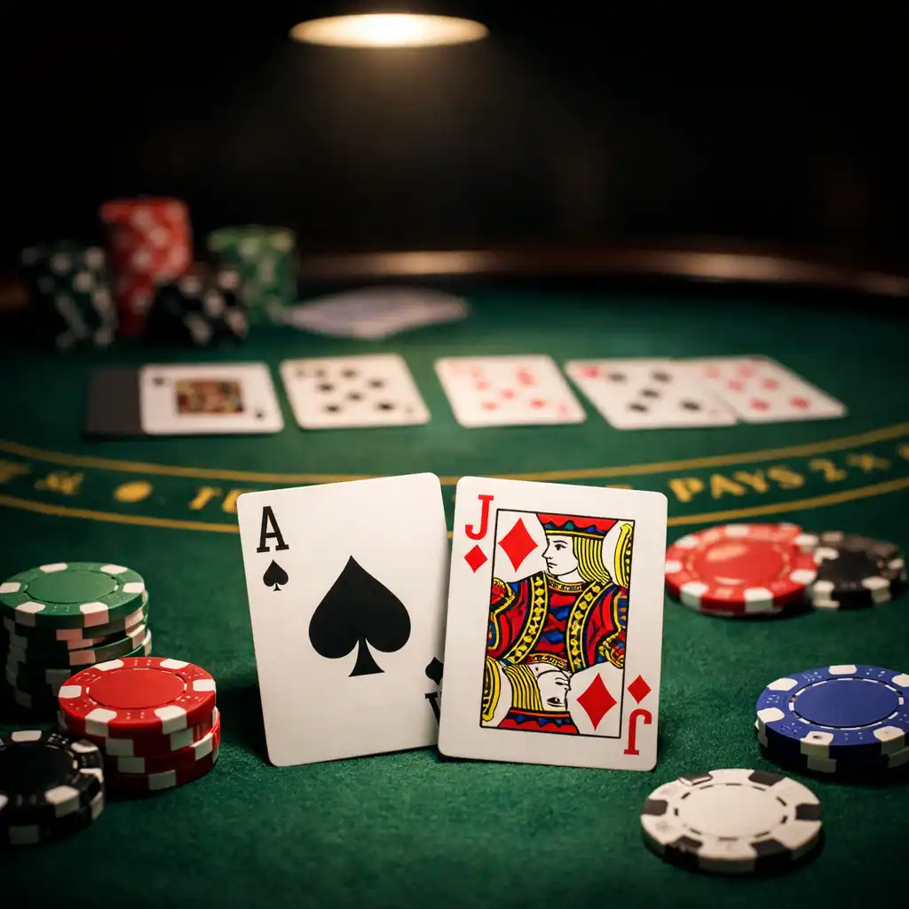 Stół do blackjacka z rozłożonymi kartami i żetonami w eleganckim, punktowym świetle