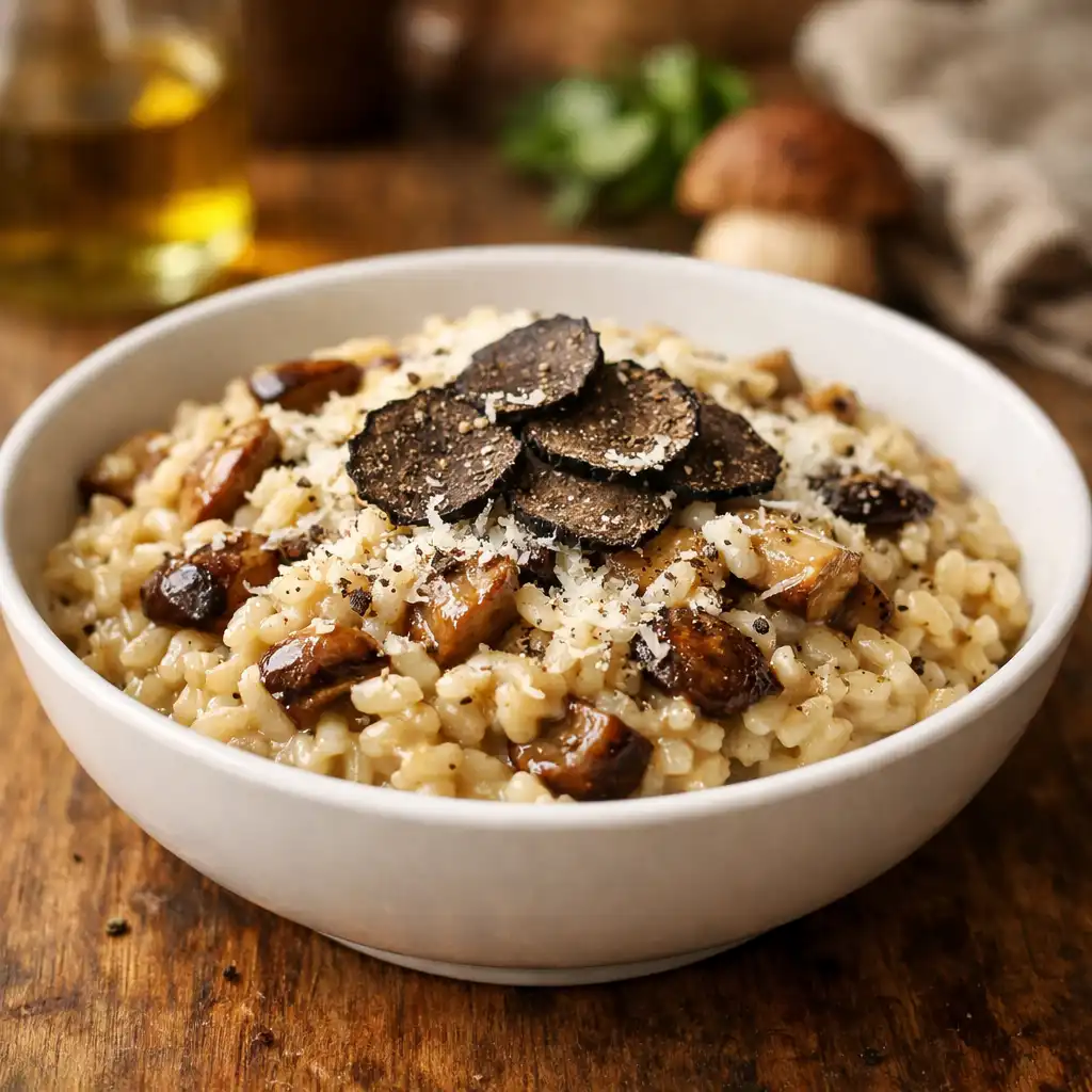 Kremowe risotto z borowikami i truflą w białej misce, posypane parmezanem i płatkami trufli