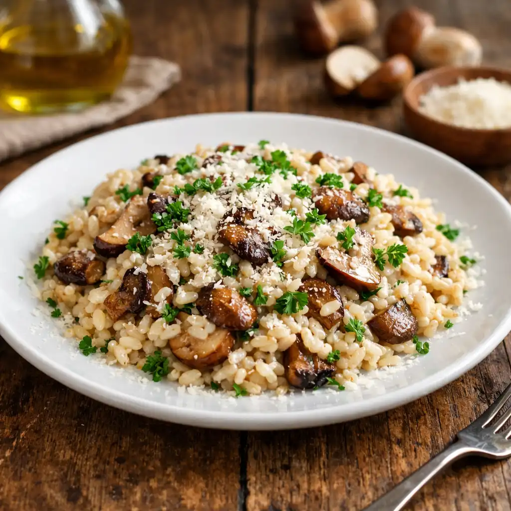 Risotto z borowikami posypane parmezanem na białym talerzu