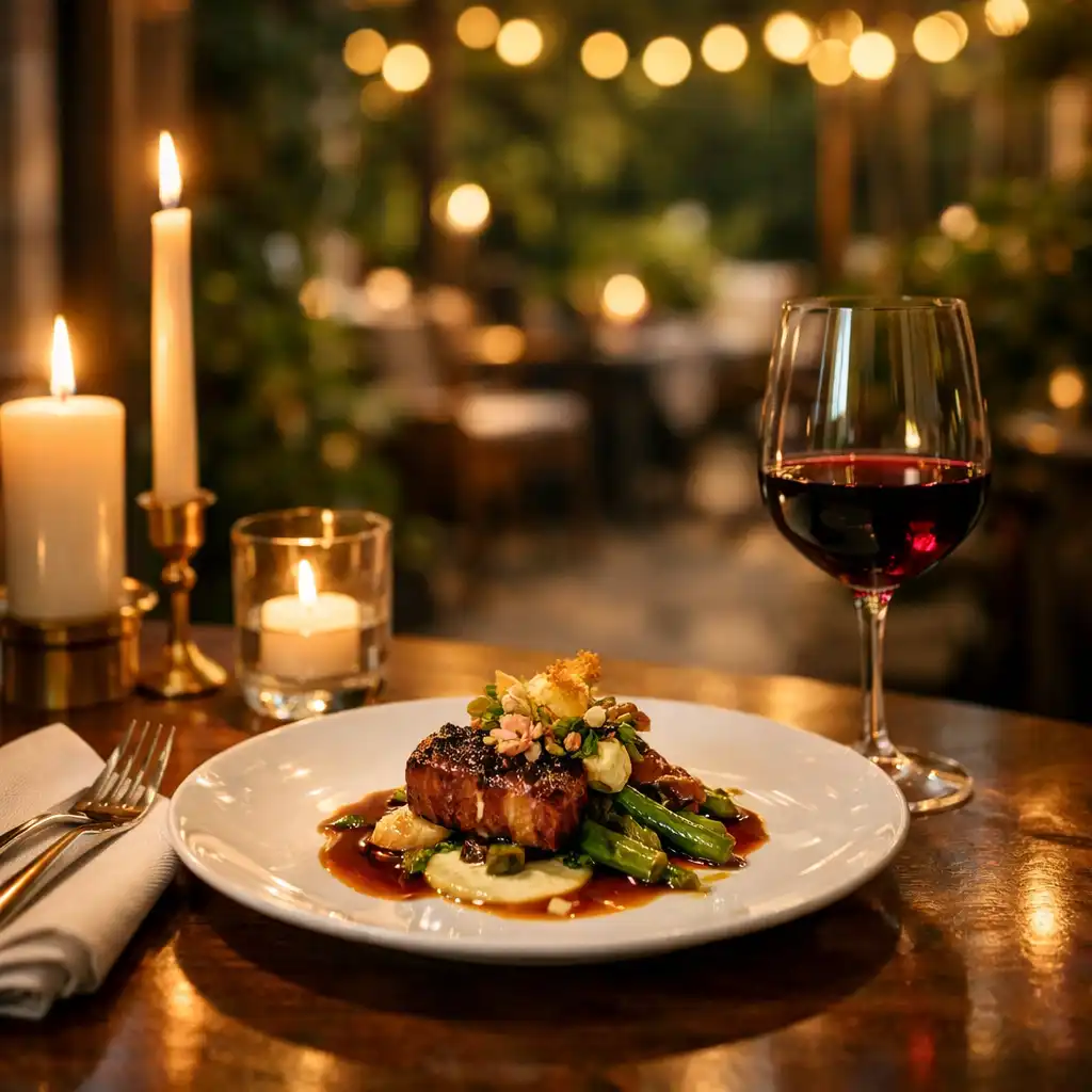 Stół w restauracji z elegancko podanym daniem sygnaturowym, kieliszkiem wina i świecami, w tle patio z zielenią