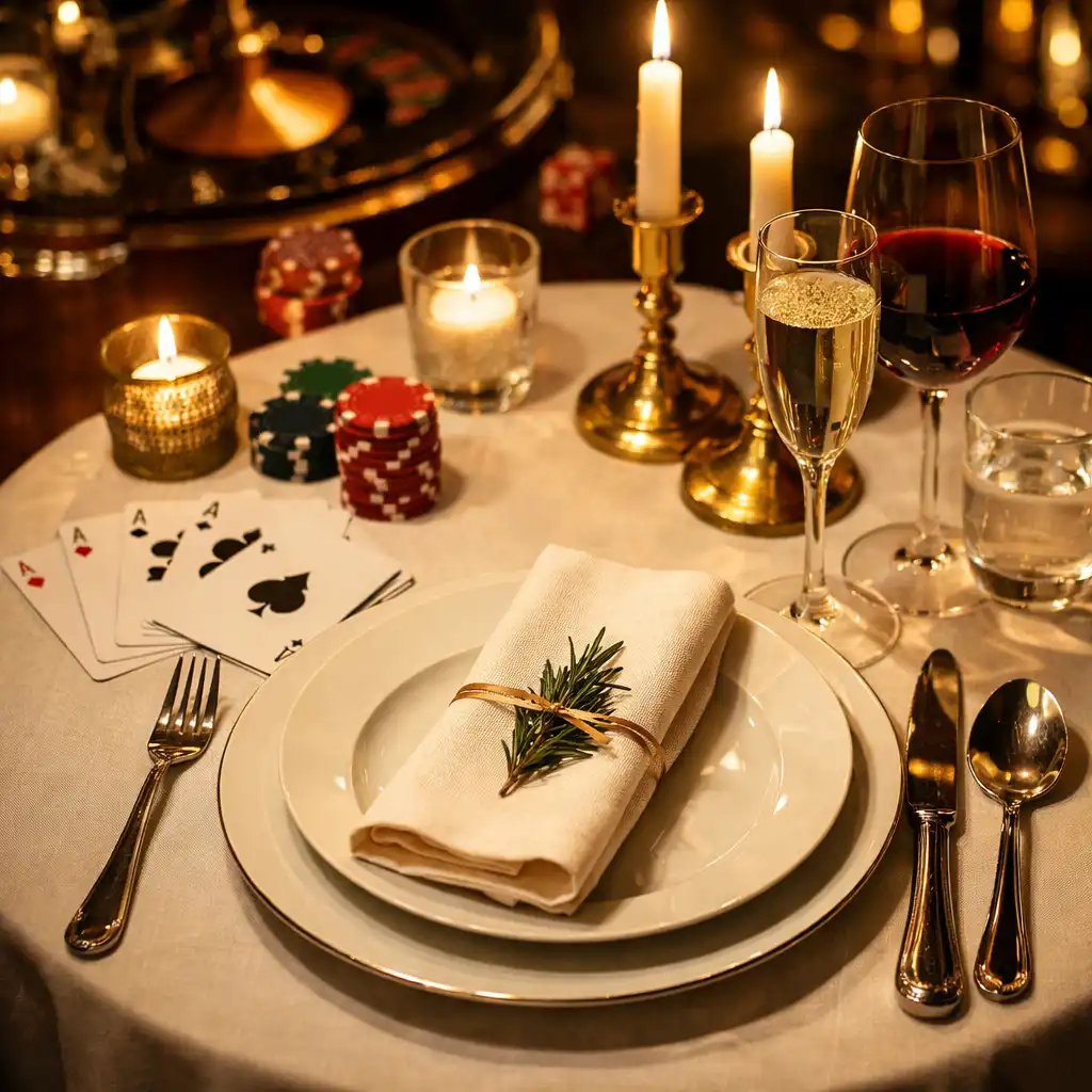 Stół w restauracji nakryty do kolacji, z elegancką zastawą i świecami