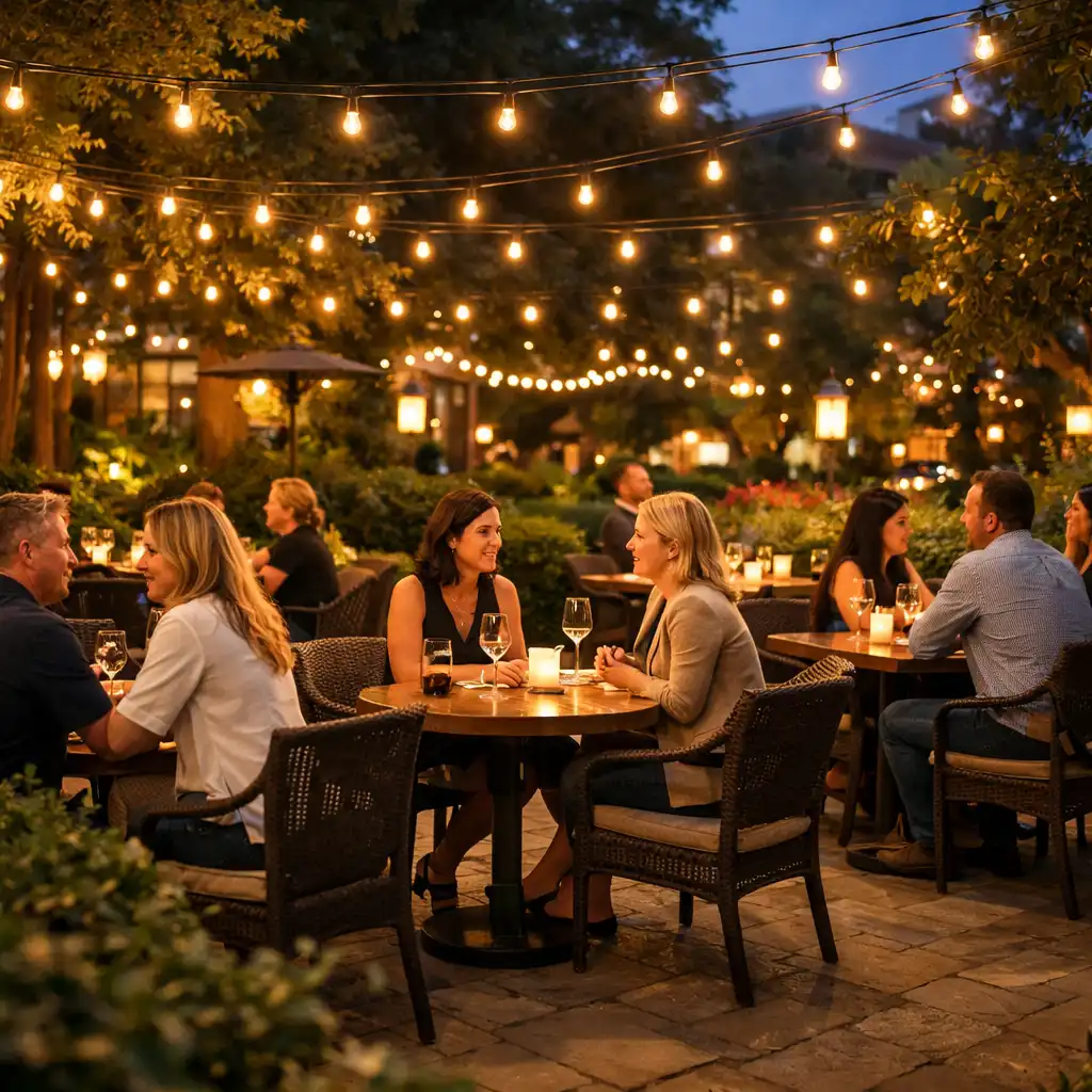 Wieczorne patio restauracji Coursepatio z widokiem na stoliki i zieleń