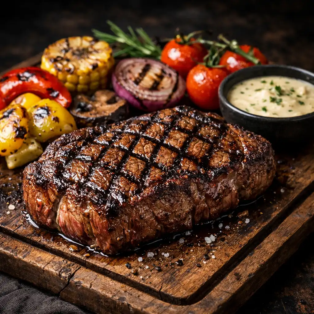 Stek z grilla z wyraźnymi śladami rusztu, podany z grillowanymi warzywami