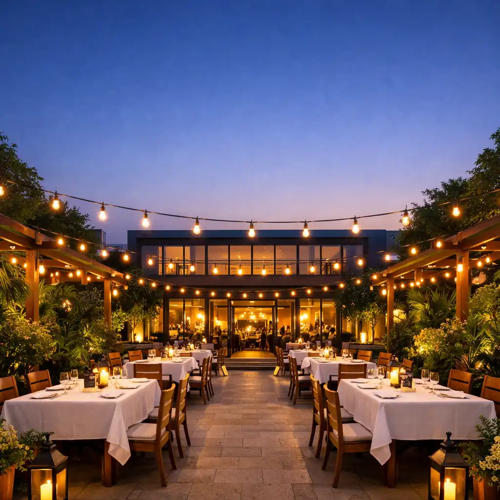 Eleganckie patio restauracji Coursepatio o zmierzchu, z zielonymi roślinami i delikatnym oświetleniem