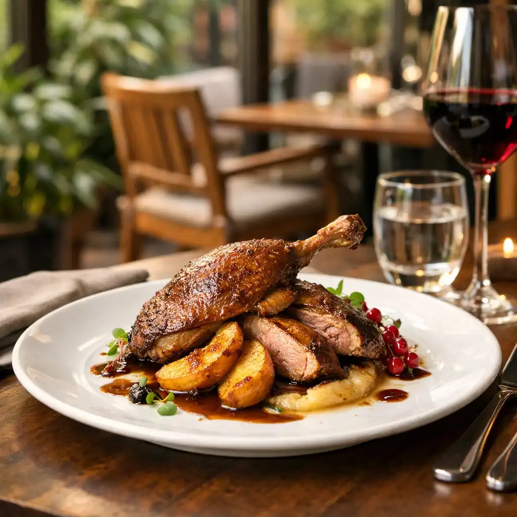 Elegancki stół w restauracji Coursepatio z autorskim daniem głównym na pierwszym planie