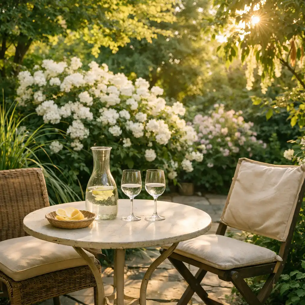 Zielony ogród patio Coursepatio z bujną roślinnością i stolikiem na świeżym powietrzu