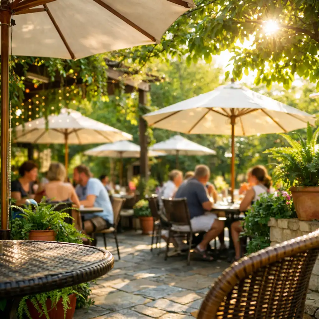 Zielone patio restauracji Coursepatio w ciągu dnia, ze stolikami, parasolami i bujną roślinnością