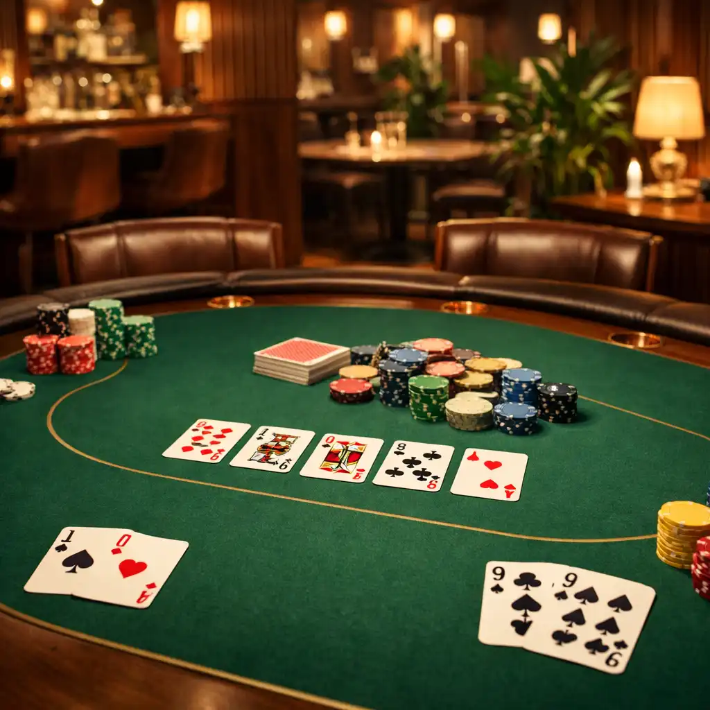 Elegancki stół pokerowy z kartami i żetonami w restauracji Coursepatio