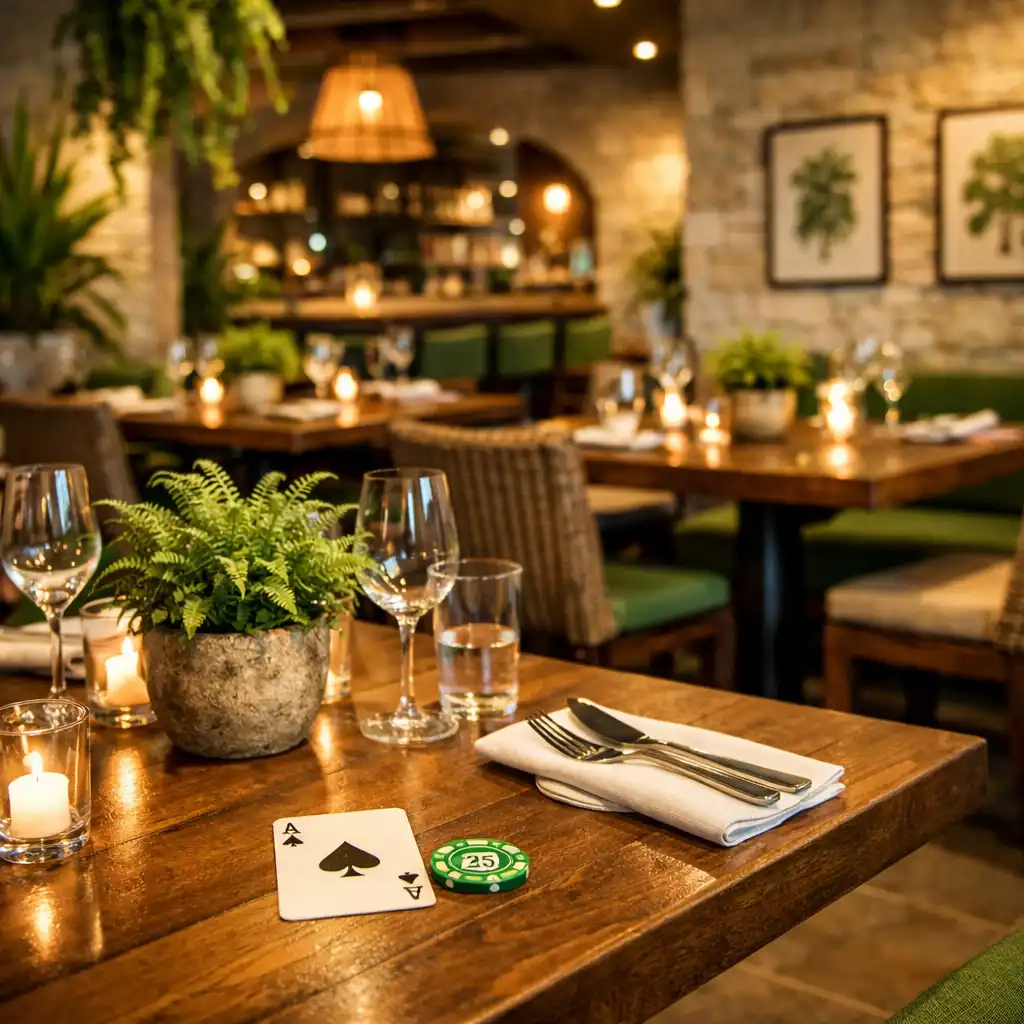 Nowoczesne wnętrze restauracji Coursepatio z drewnianymi stołami i subtelnymi akcentami kasynowymi