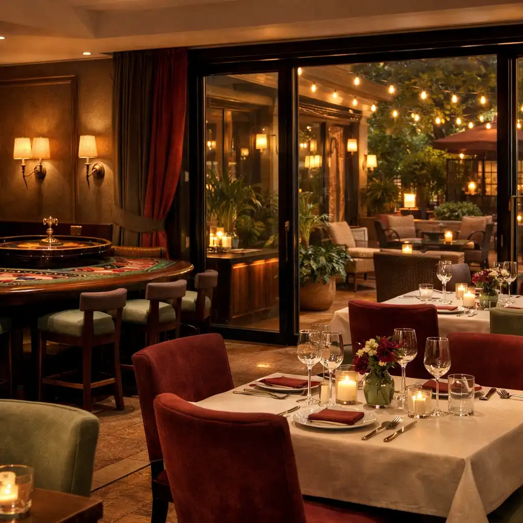 Eleganckie wnętrze restauracji Coursepatio z widokiem na patio i stołem do ruletki w tle