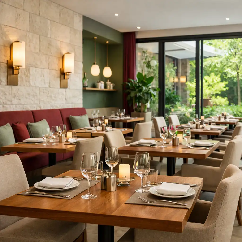 Eleganckie wnętrze restauracji Coursepatio z drewnianymi stołami i widokiem na patio