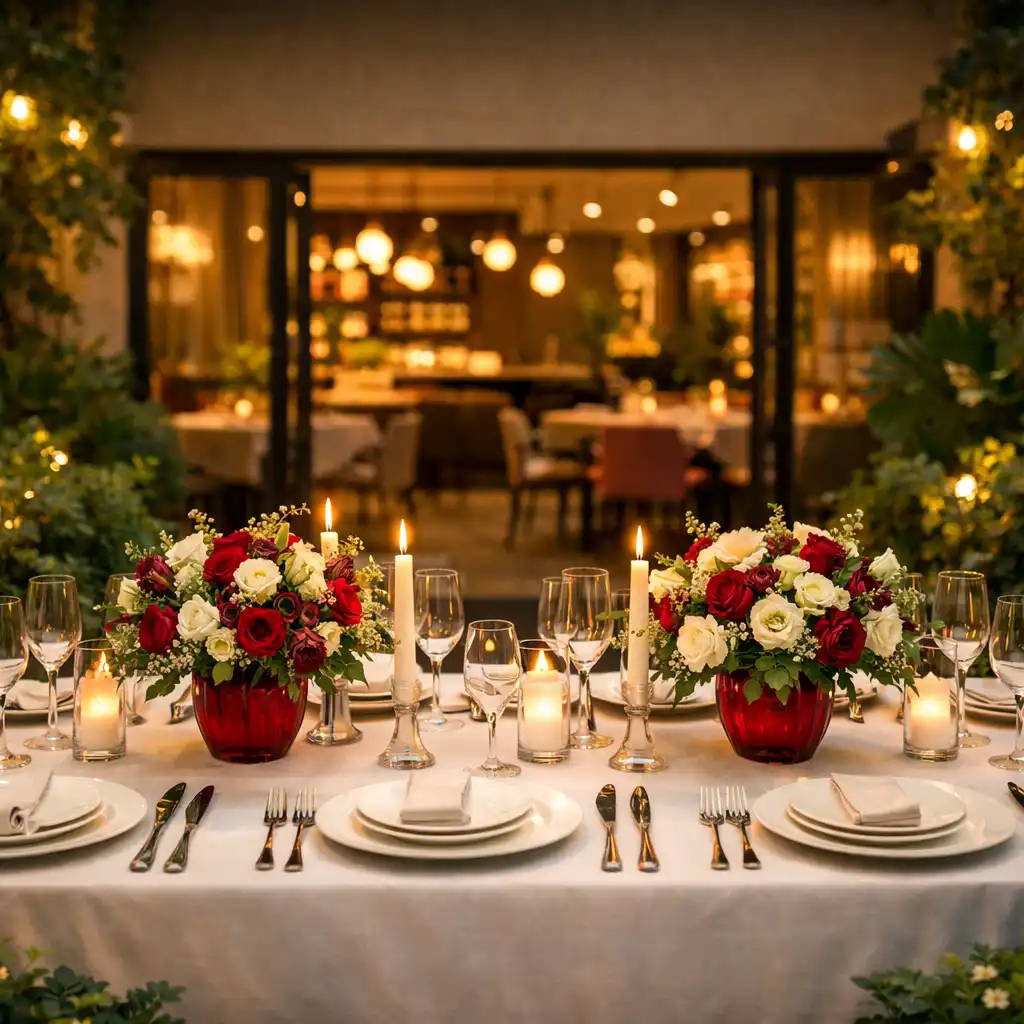 Elegancko nakryty stół na patio restauracji Coursepatio, otoczony zielenią i ciepłym wieczornym oświetleniem