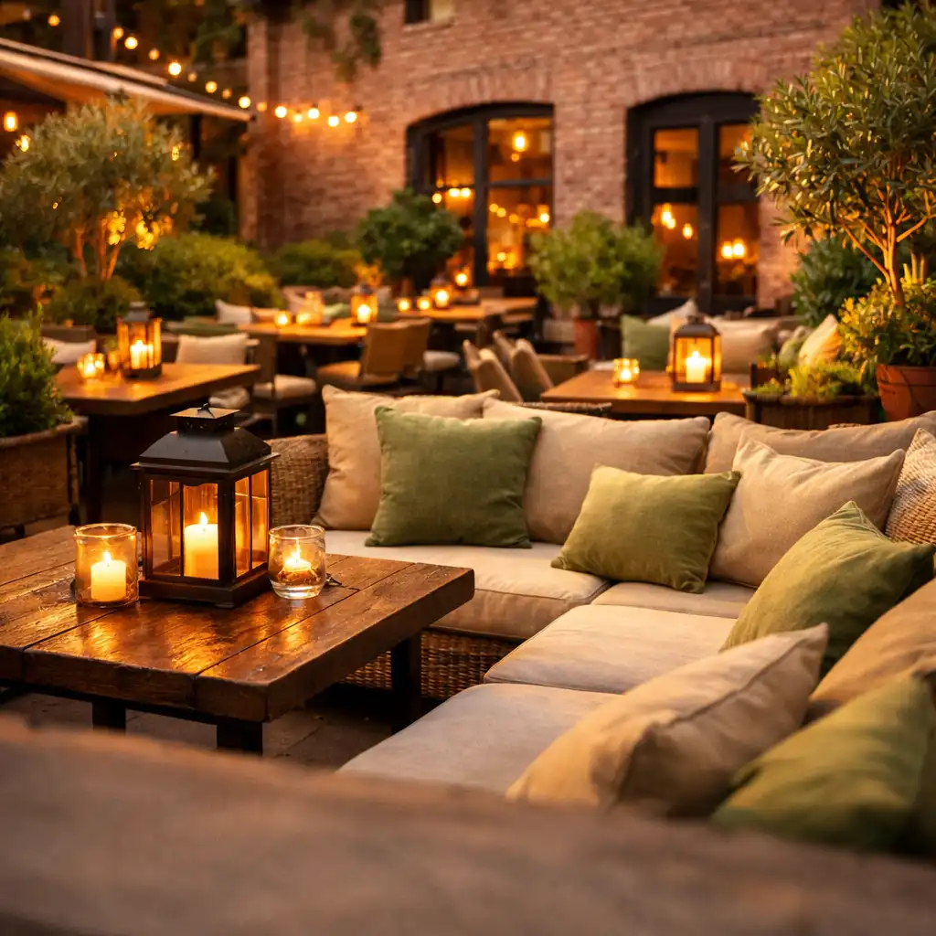 Strefa patio restauracji Coursepatio z wygodnymi siedziskami, poduszkami w odcieniach beżu i zieleni oraz lampionami