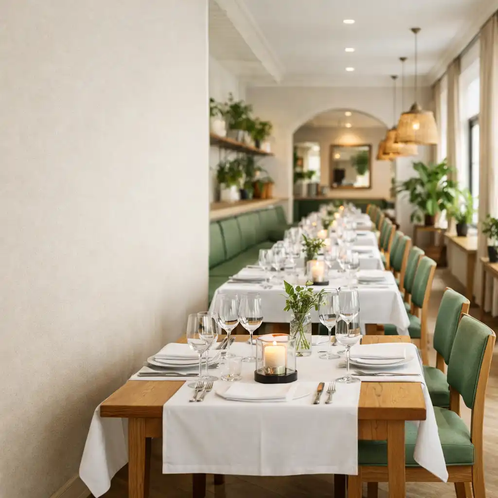 Jasne, eleganckie wnętrze restauracji Coursepatio z drewnianymi stołami, białymi obrusami i zielonymi akcentami